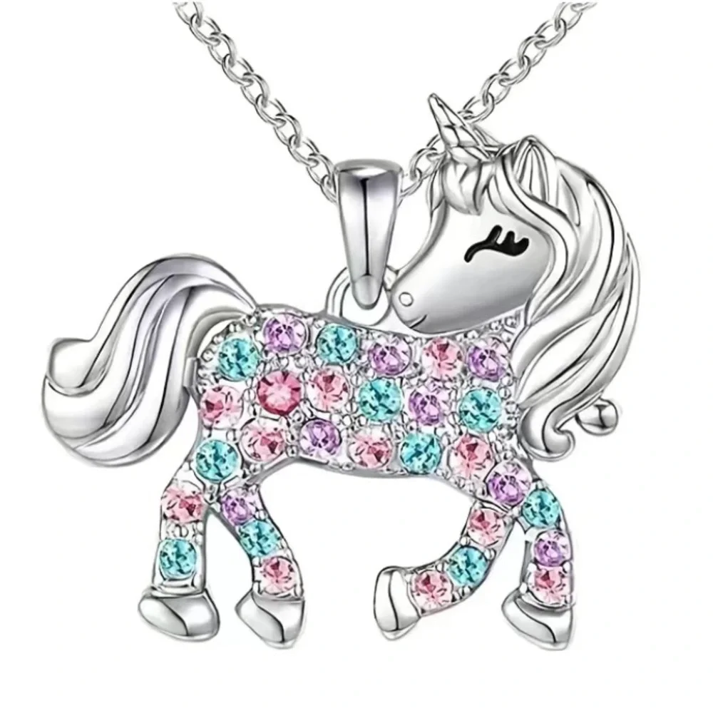 Pink Blue & Purple Unicorn Silver Toned Necklace - Picture 3 of 3